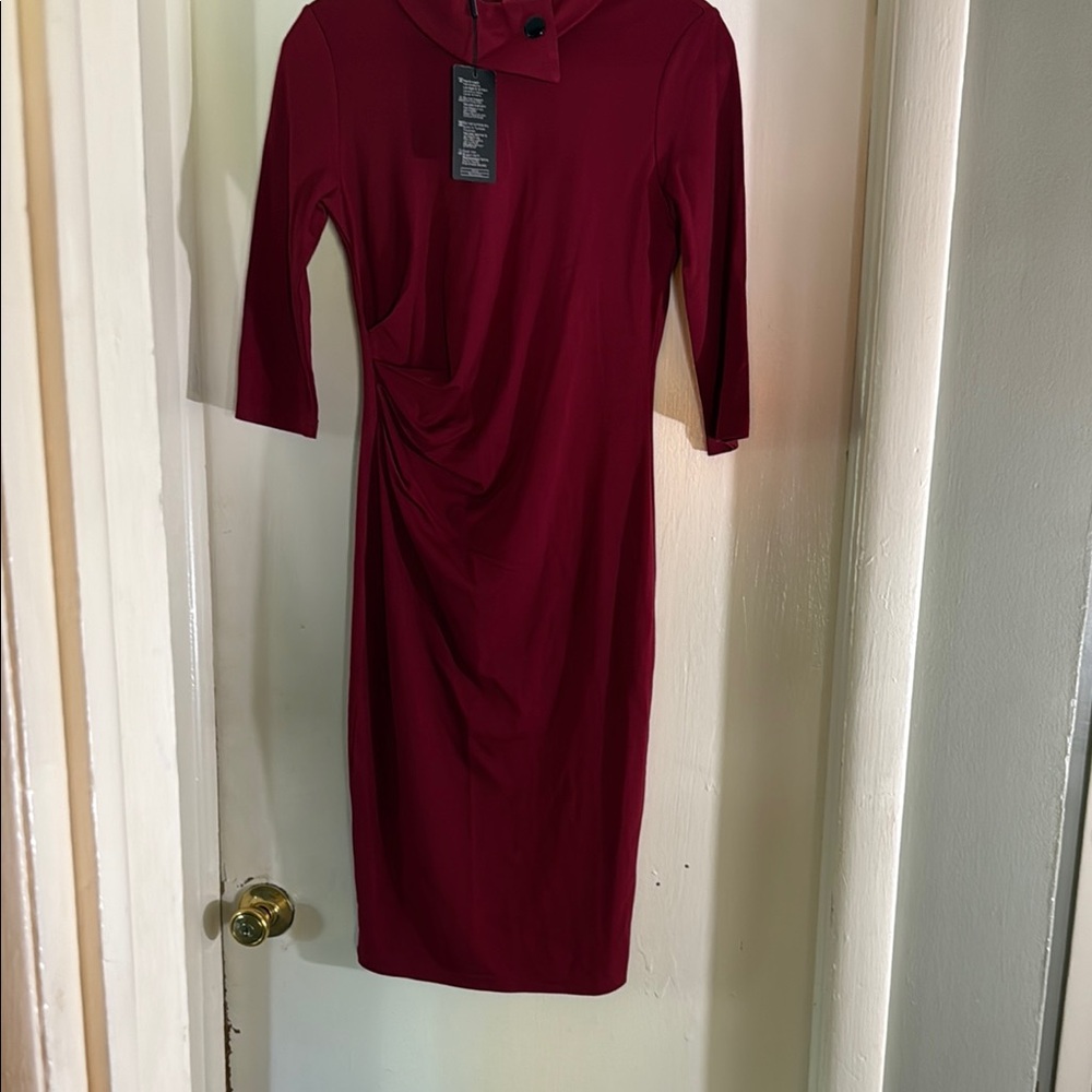 Red Sheath Dress with Cowl Neck and Dolman Sleeves
